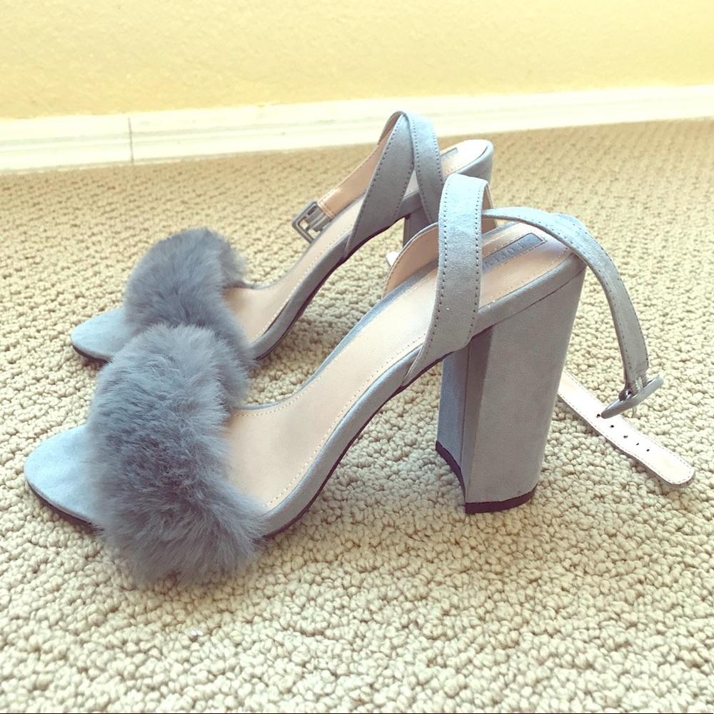 Gray Furry Strappy Heels